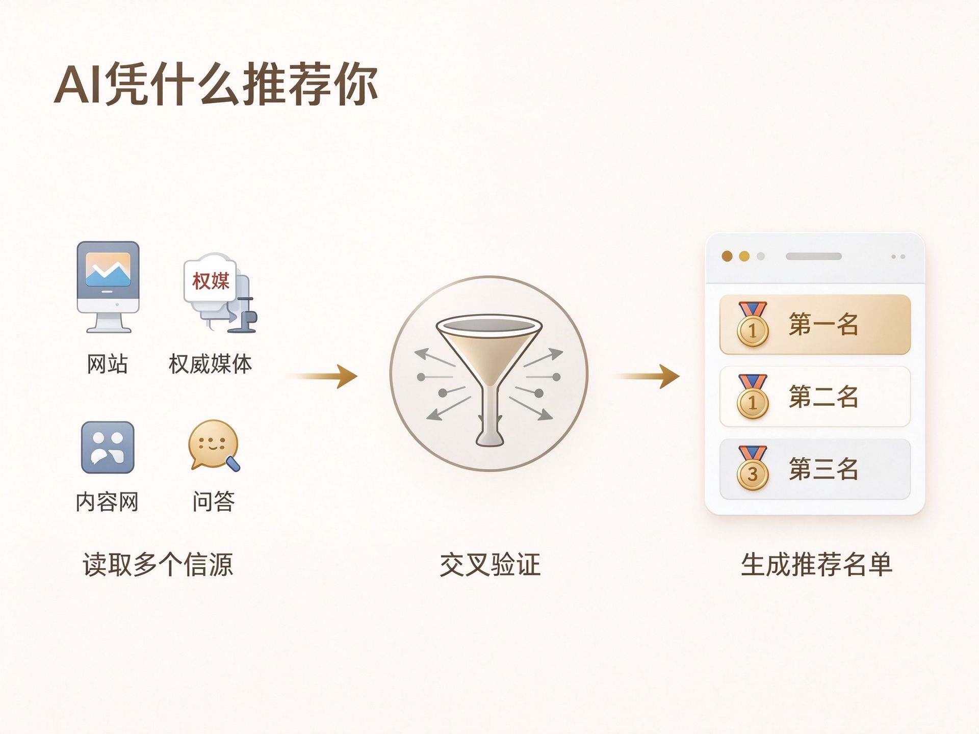 AI推荐机制浅色图解，读取多信源、交叉验证、生成推荐名单，用于AI推荐原理文章配图