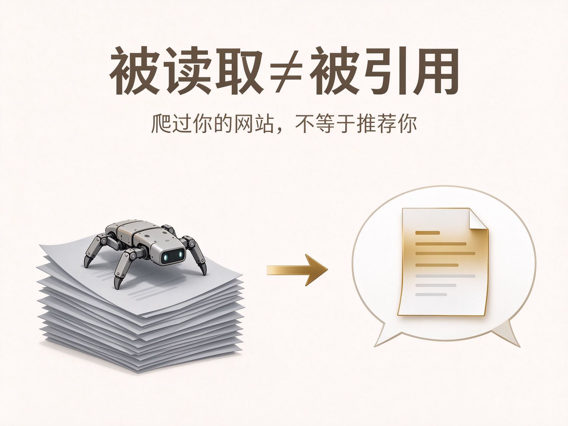被读取与被引用对比浅色图解，爬过网站不等于推荐你，用于GEO收录机制文章配图