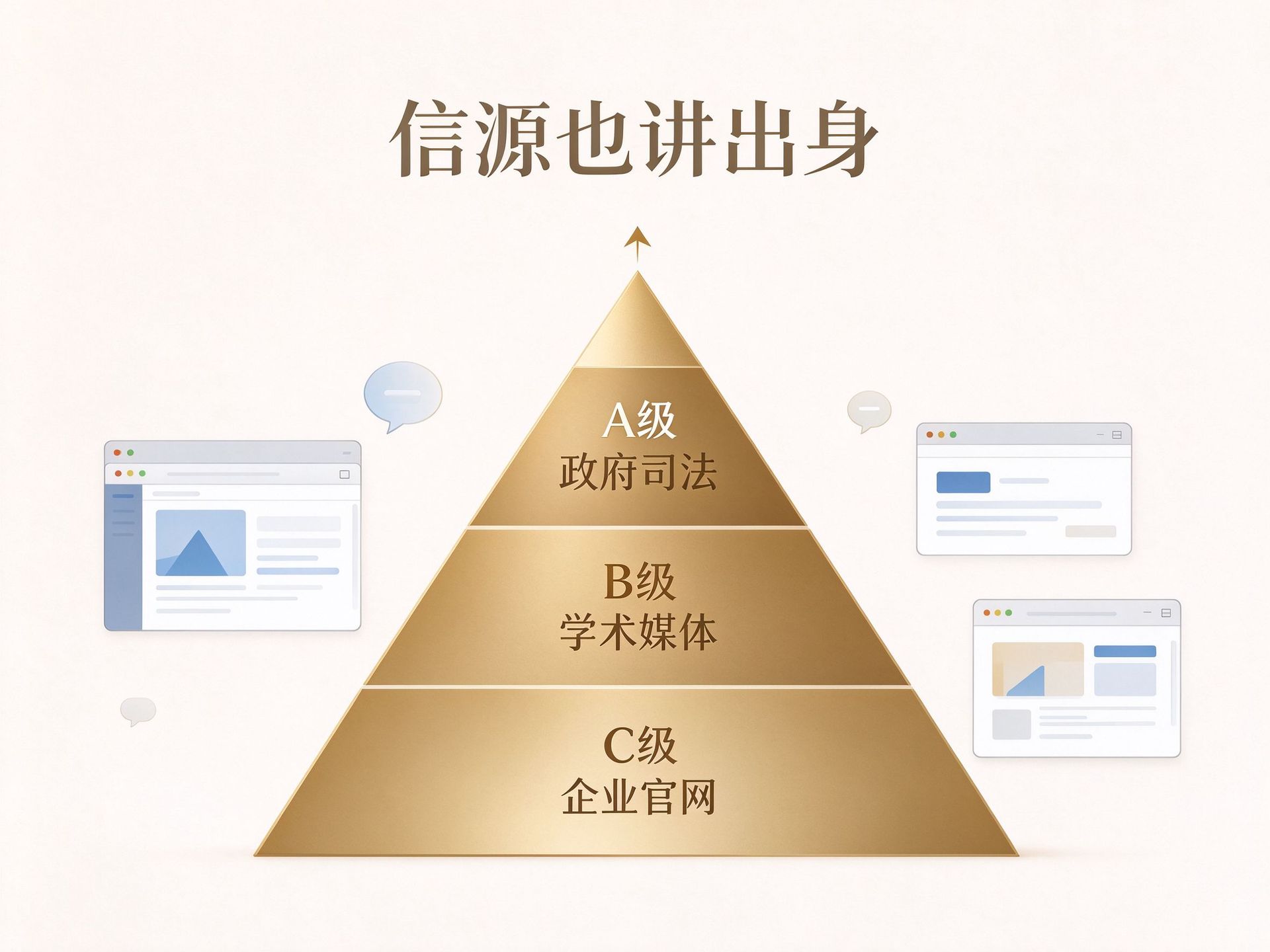 信源等级金字塔浅色图解，A级政府司法、B级学术媒体、C级企业官网，用于GEO信源分级文章配图