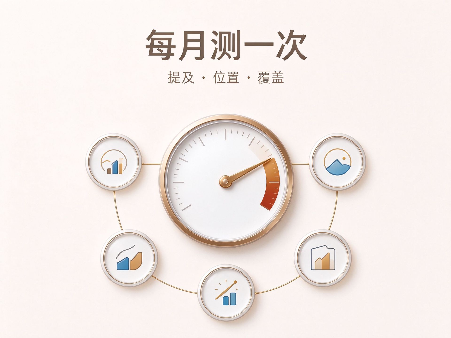 品牌可见度每月监测仪表盘浅色图解,提及、位置、覆盖,用于GEO监测体检文章配图